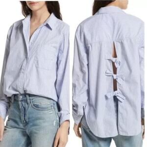 Free People Womens Small Striped Button Down Blouse Bow Minimalist Nautical